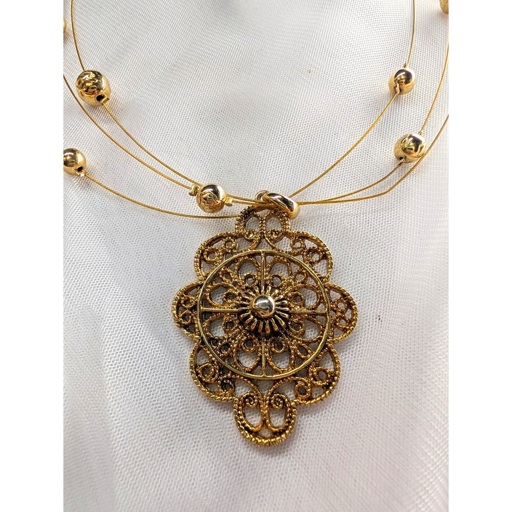 Gold Tone Multi-Strand Wire Beaded Filigree Pendant Necklace Lobster 12-18"